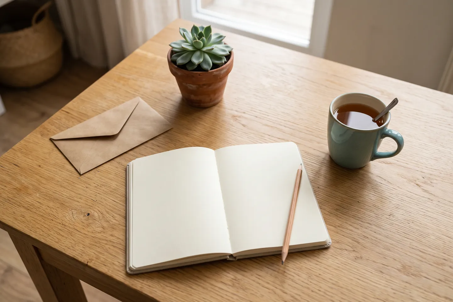An open blank notebook with a pencil, a mug of tea, a small succulent and a paper envelope on a wooden kitchen table