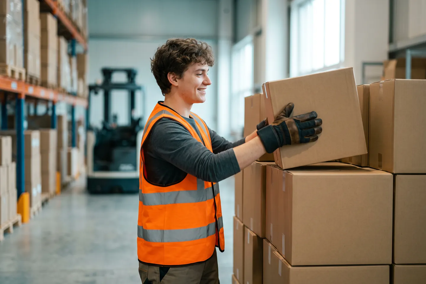 A young warehouse worker in a high-visibility vest and work gloves stacks boxes